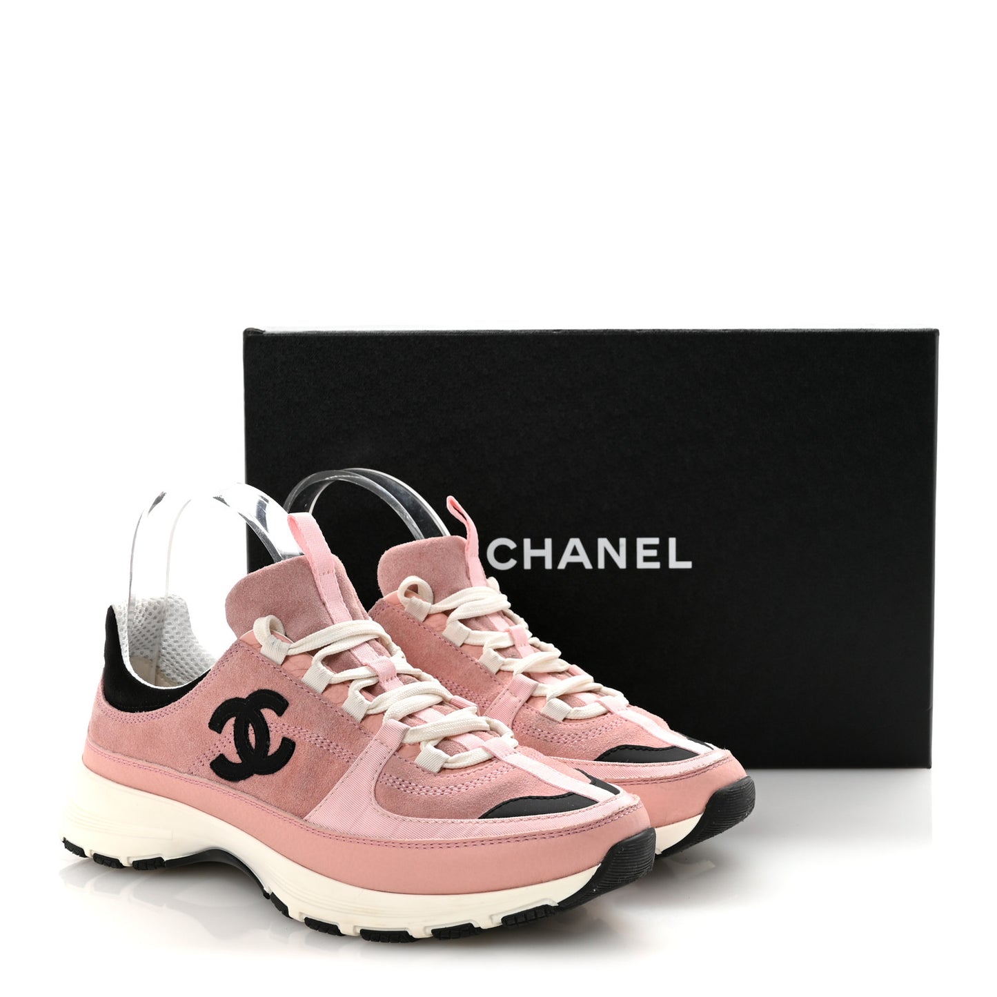 Suede Calfskin Grosgrain Womens CC Sneakers 39.5 Light Pink Black