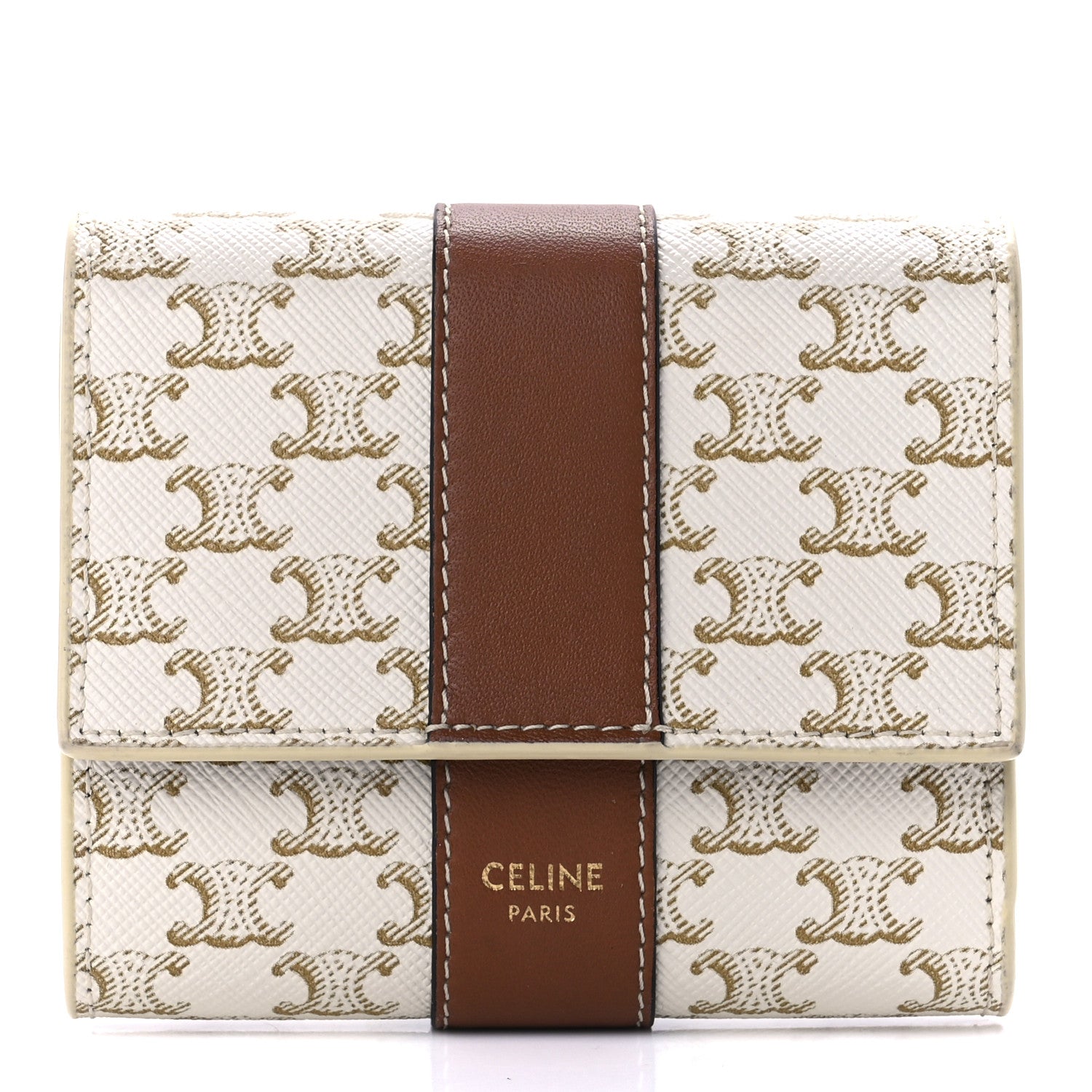 Celine Canvas Triomphe Folded Compact Wallet White Tan 1 of 12