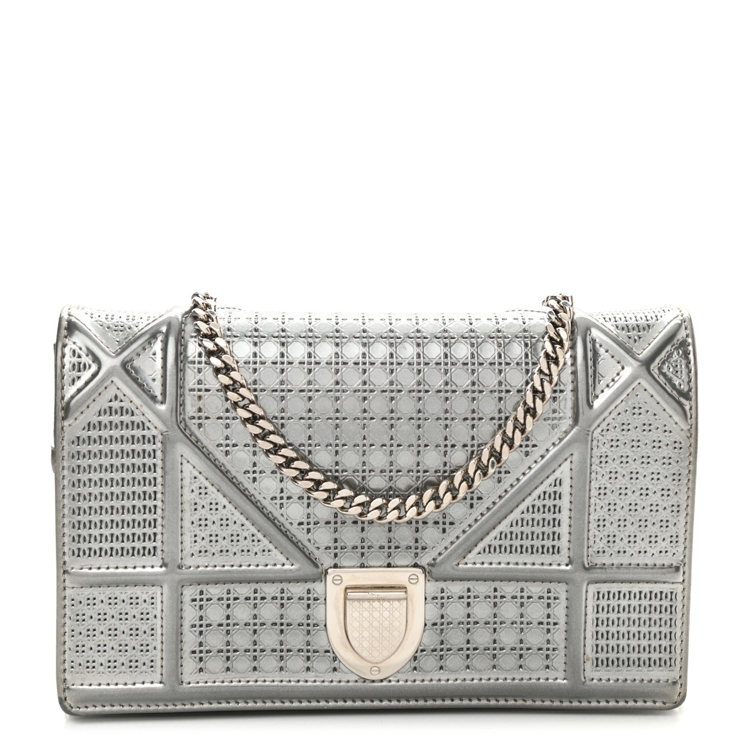 Metallic Patent Micro-Cannage Diorama Wallet on Chain Pouch Silver