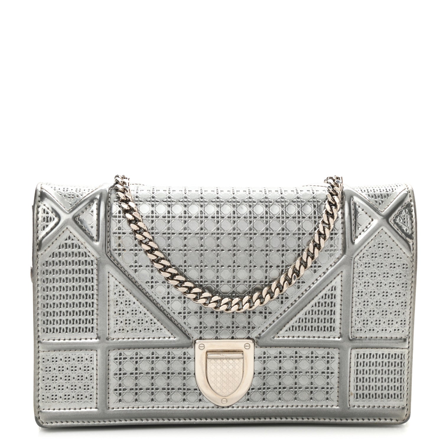 Christian Dior Metallic Patent Micro-Cannage Diorama Wallet on Chain Pouch Silver 1 of 8