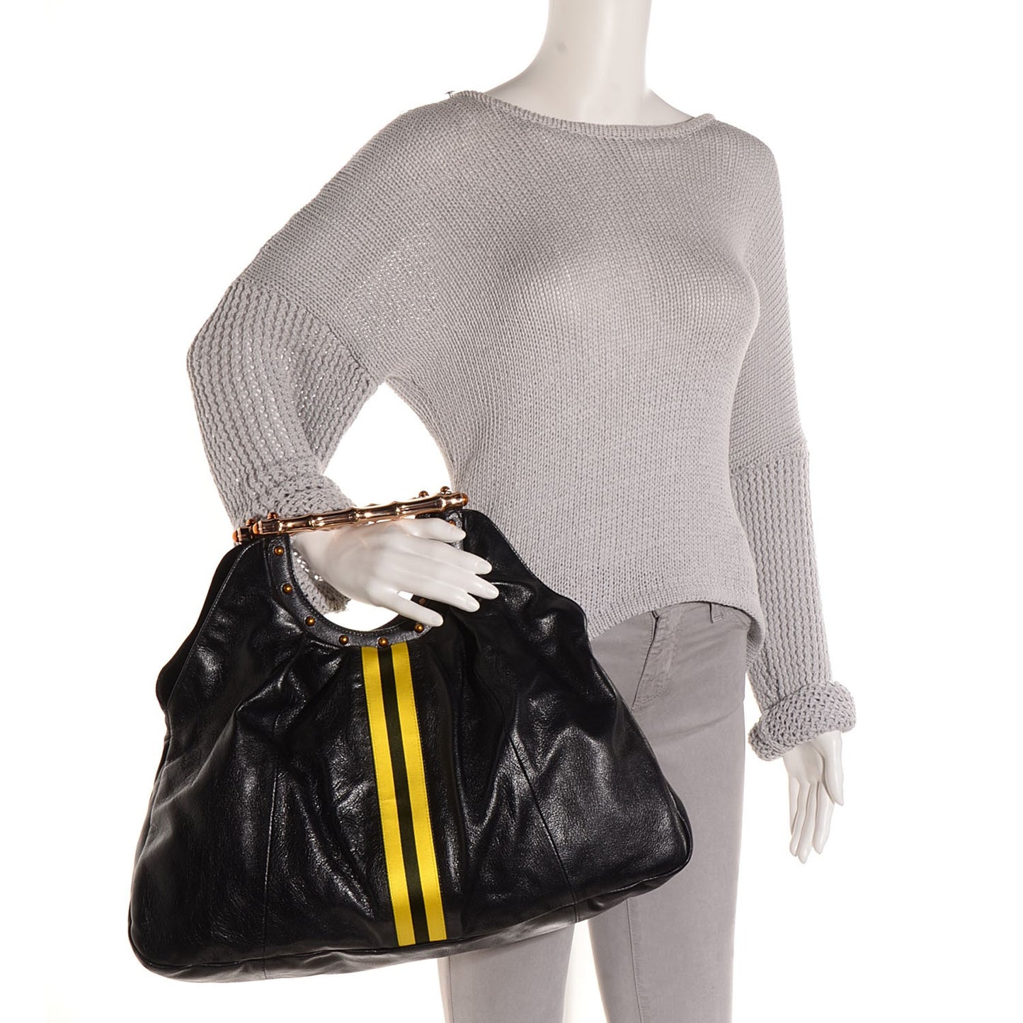 Leather Metal Bamboo Striped Tote Black