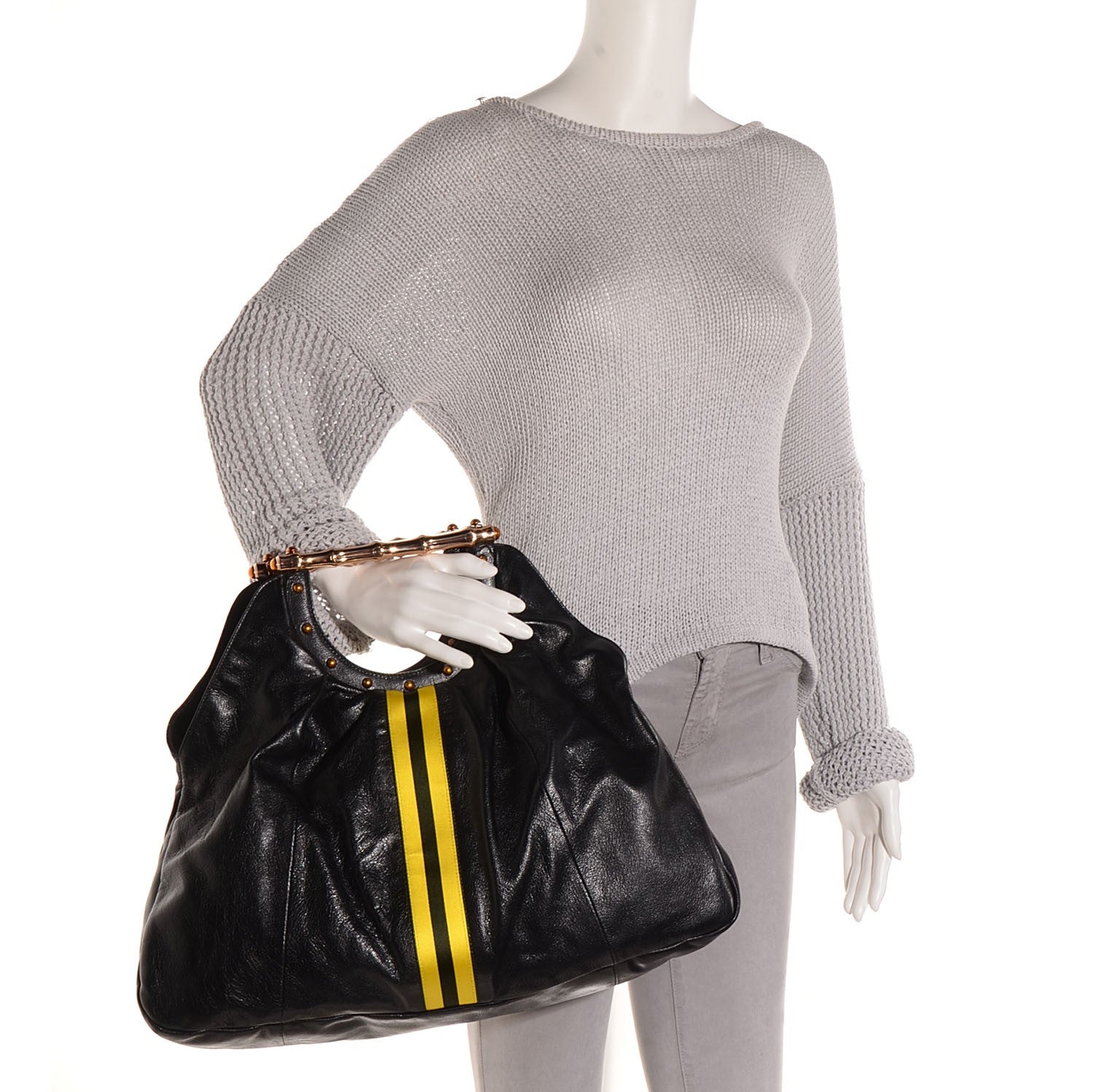 Gucci Leather Metal Bamboo Striped Tote Black 2 of 7