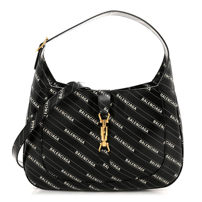 Gucci X BALENCIAGA Calfskin Logo Print Medium Jackie 1961 Hobo Black 1 of 10