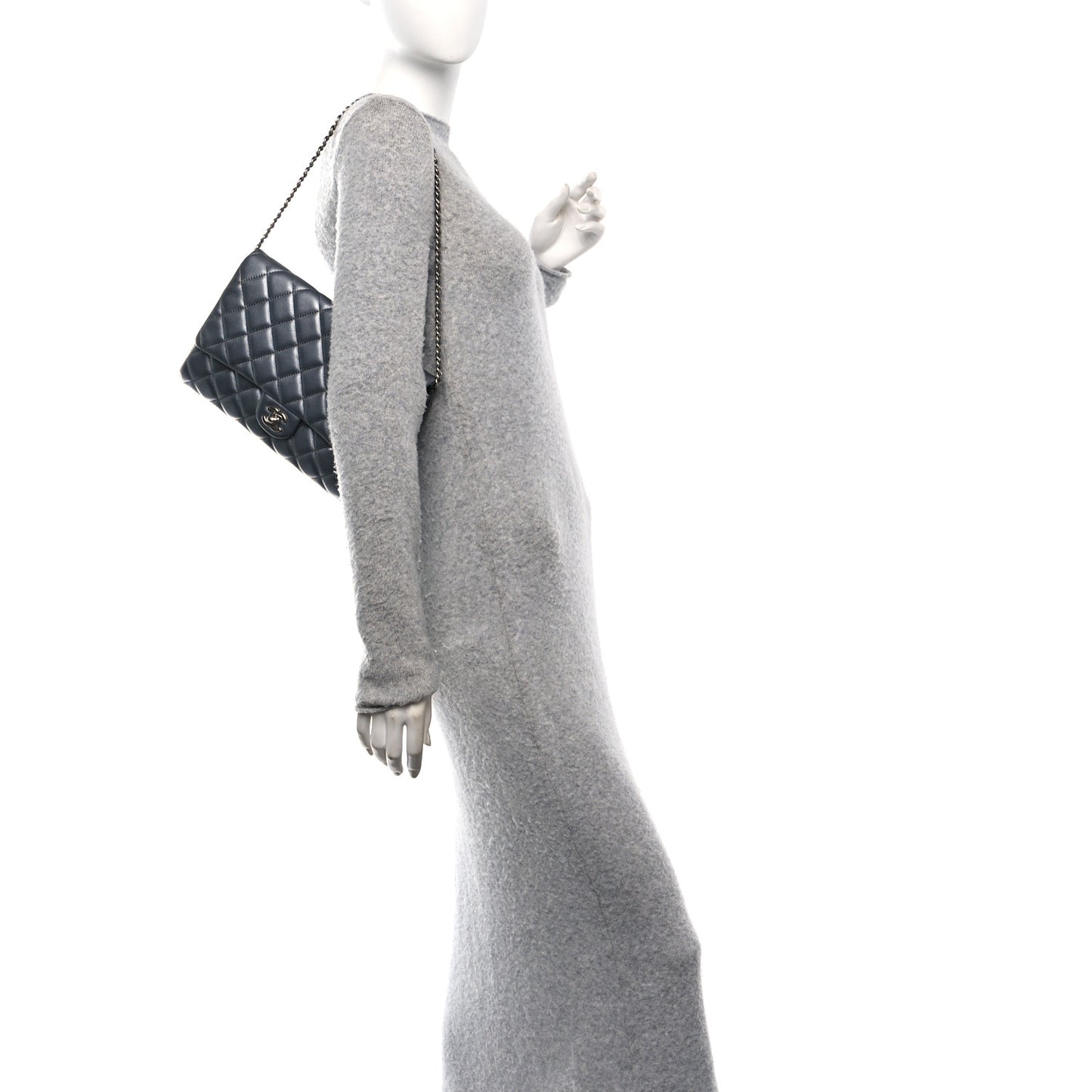 Metallic Lambskin Quilted Clutch With Chain Flap   Dark Grey
