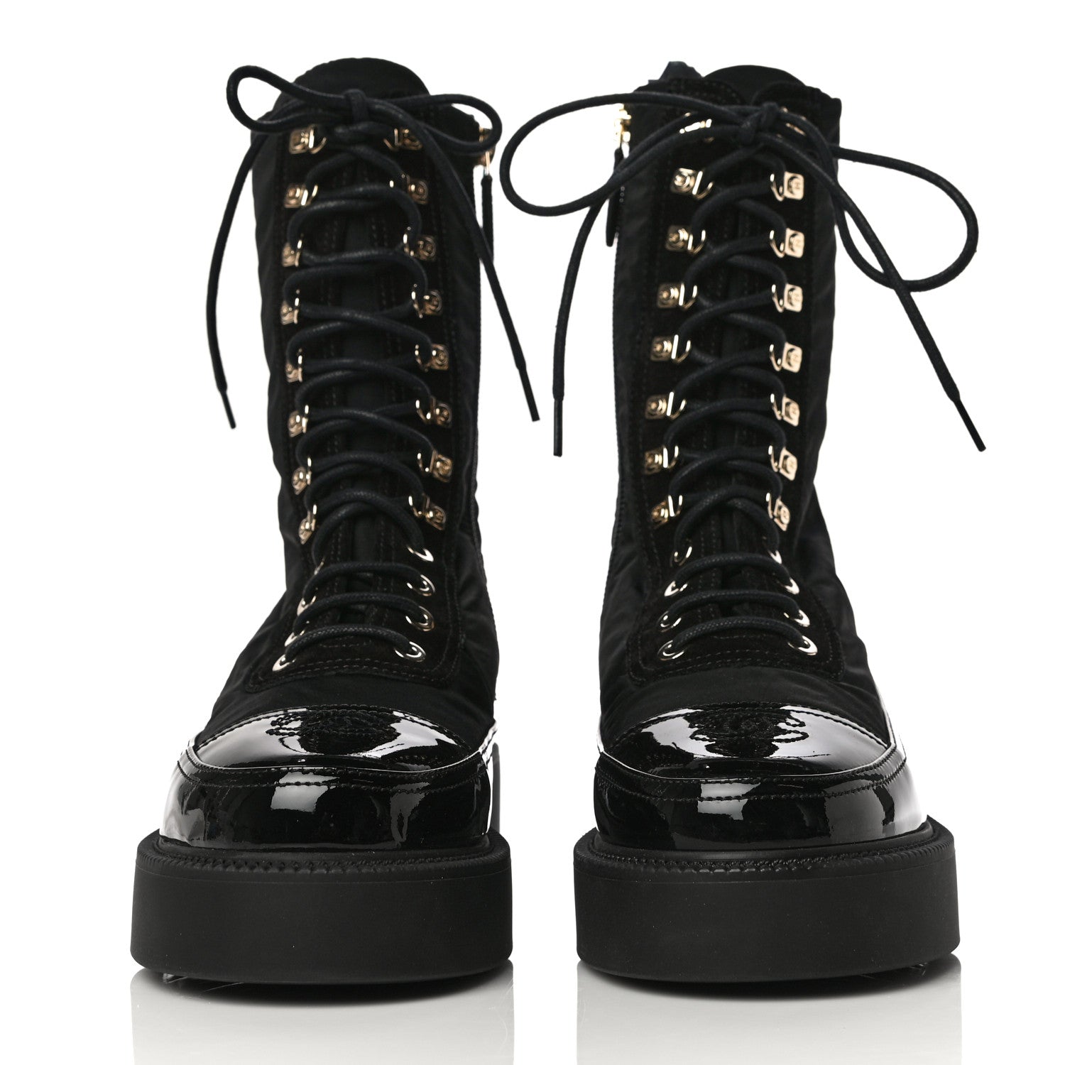 Chanel Nylon Suede Patent Calfskin CC Lace Up Boots 36.5 Black 2 of 13