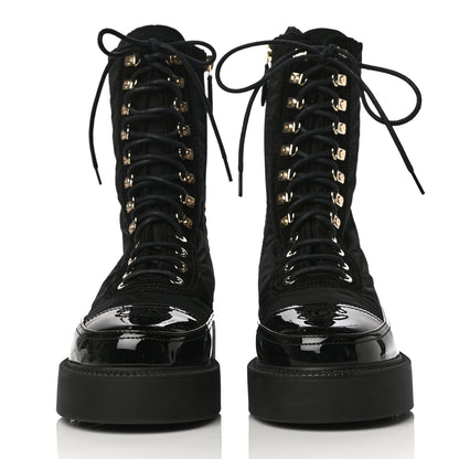 Chanel Nylon Suede Patent Calfskin CC Lace Up Boots 36.5 Black 2 of 13