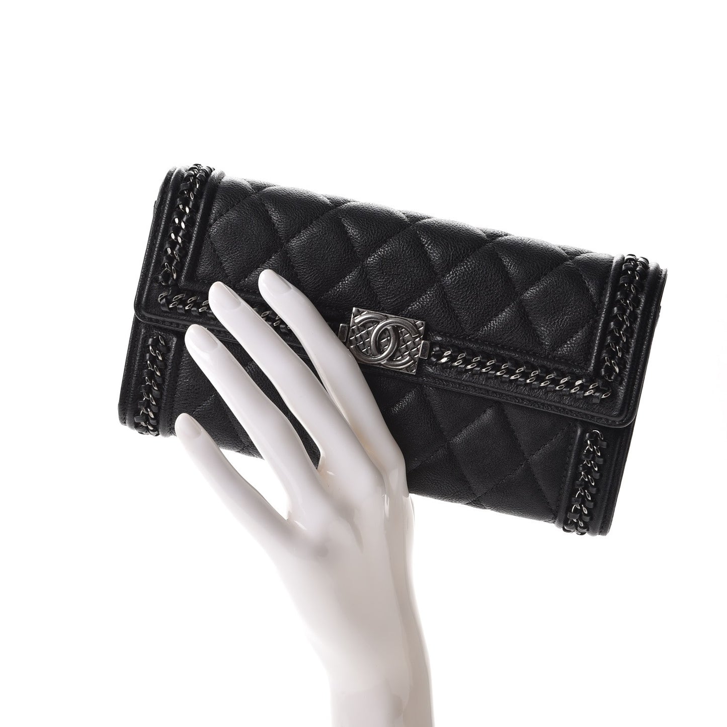 Calfskin Quilted Boy Chain Around Flap Wallet Black