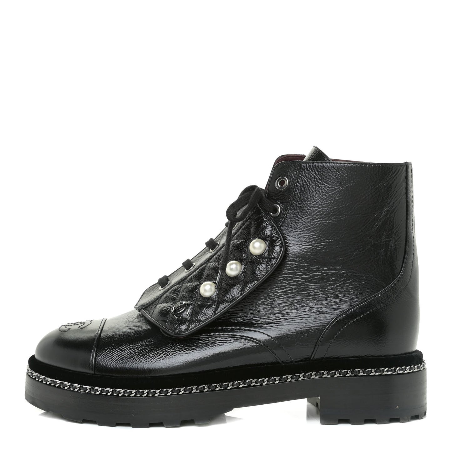 Crackled Calfskin Velvet Pearl Combat Short Boots 39 Black