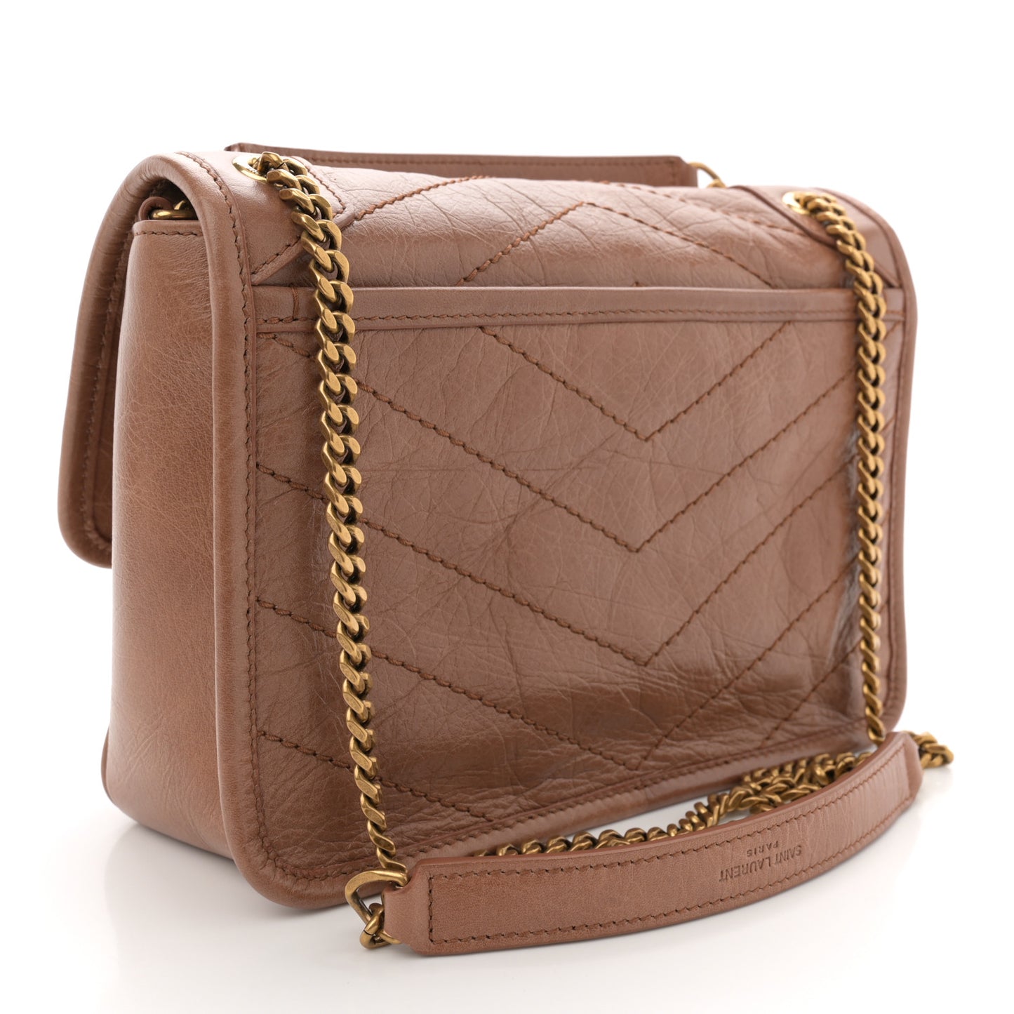Crinkled Calfskin Matelasse Monogram Baby Niki Chain Satchel  Light Caramel