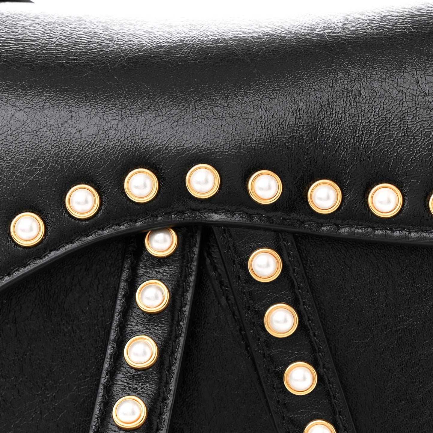 Crinkled Patent Lambskin Studded Saddle Bag With Strap Black