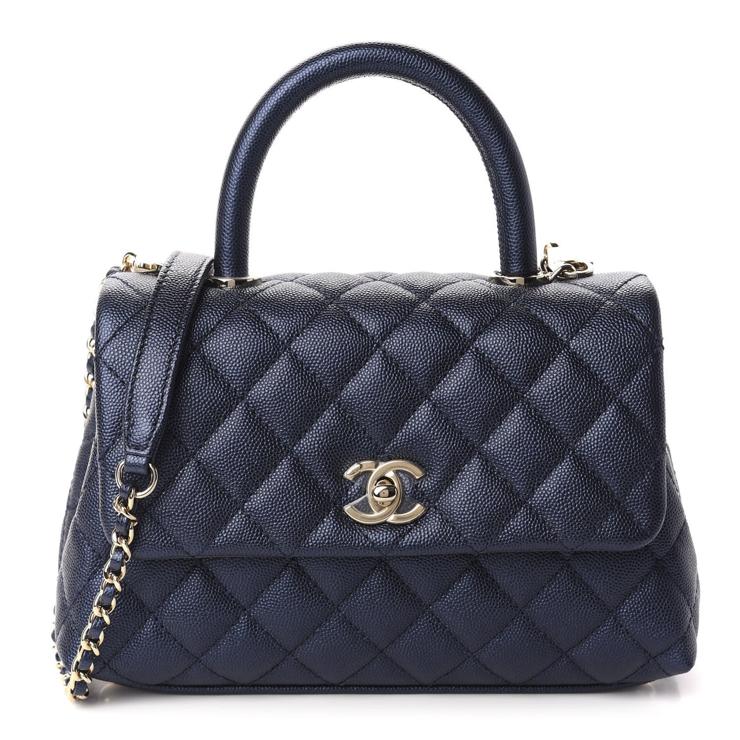 Iridescent Caviar Quilted Mini Coco Handle Flap Dark Blue