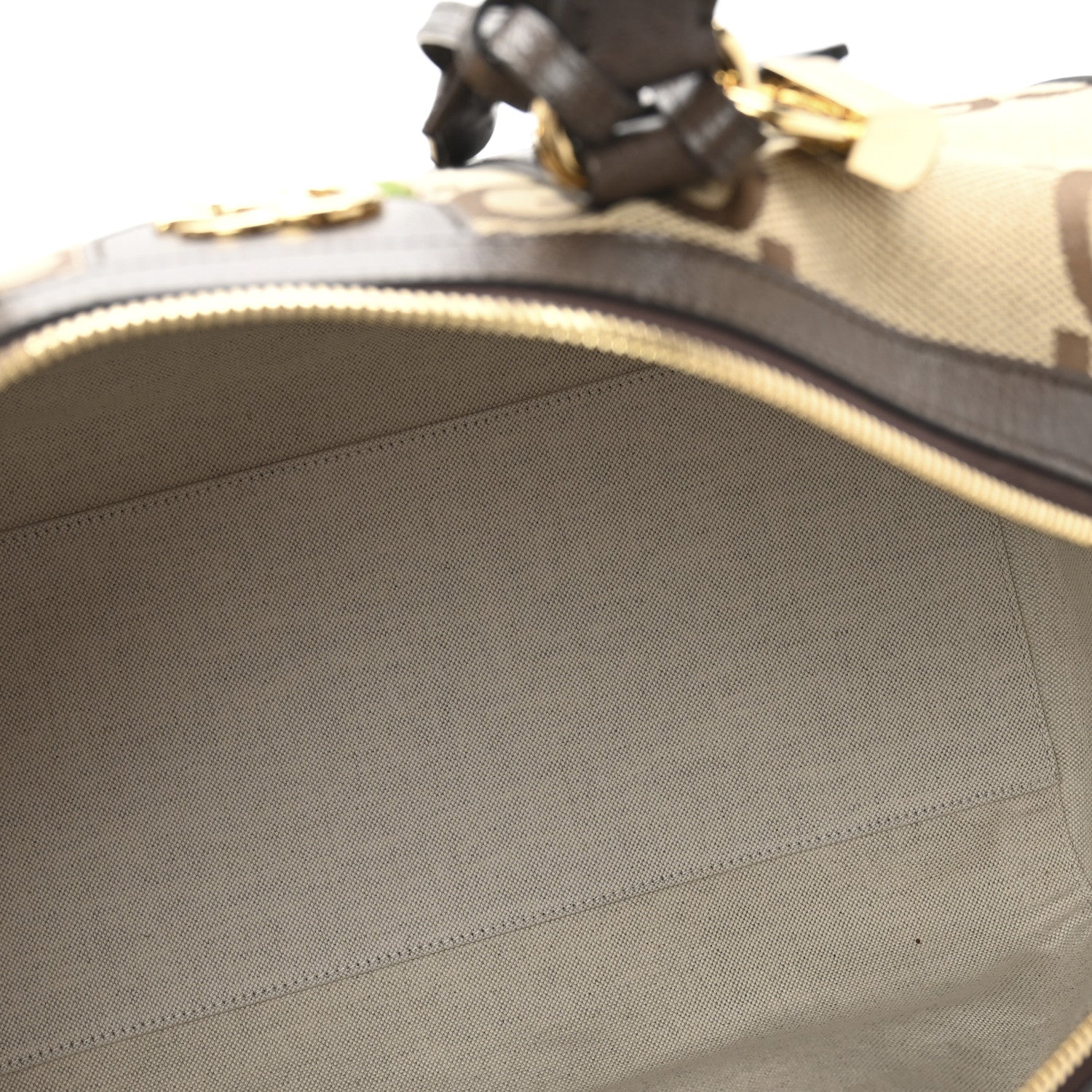 Gucci Monogram Jumbo GG Textured Dollar Calfskin Web Medium Duffle Bag Camel Ebony 4 of 12