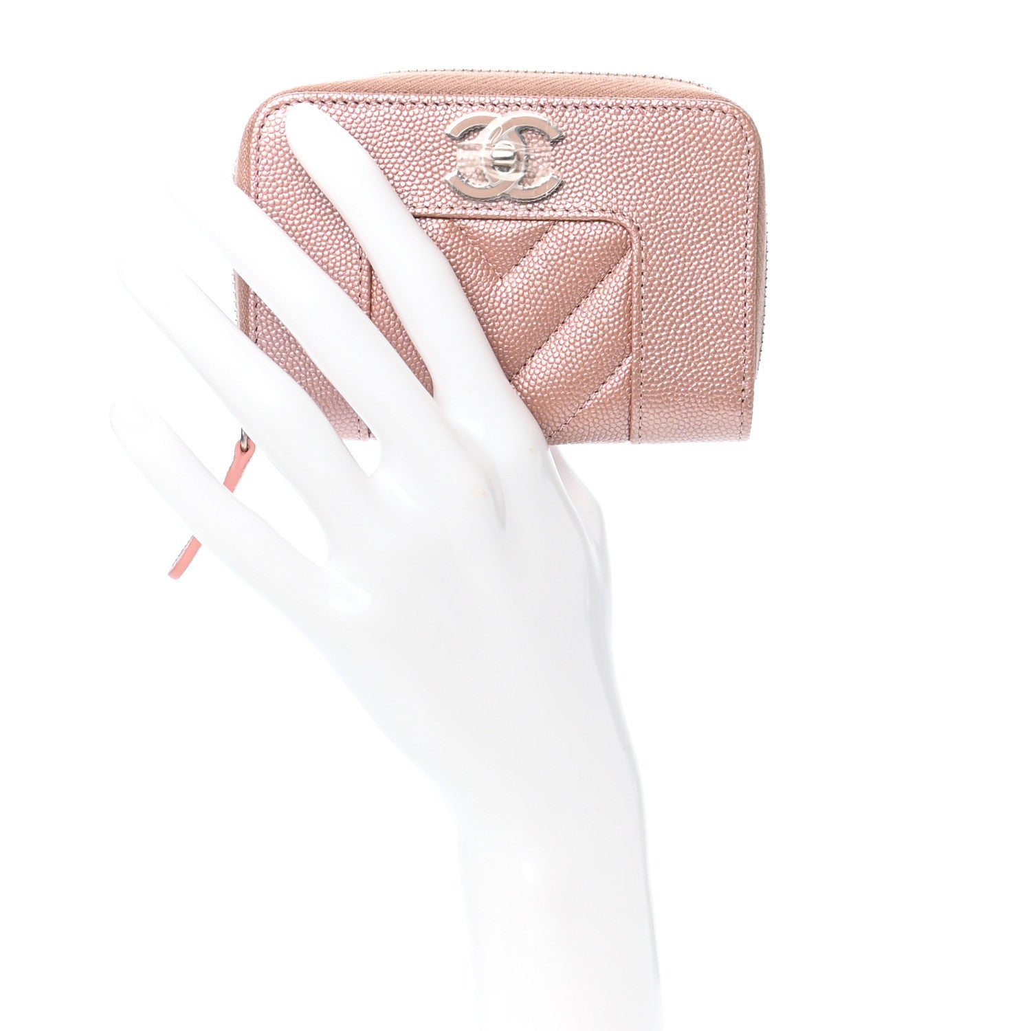 Chanel Metallic Caviar Chevron Quilted Vintage Mademoiselle Zip Coin Purse Pink 2 of 8