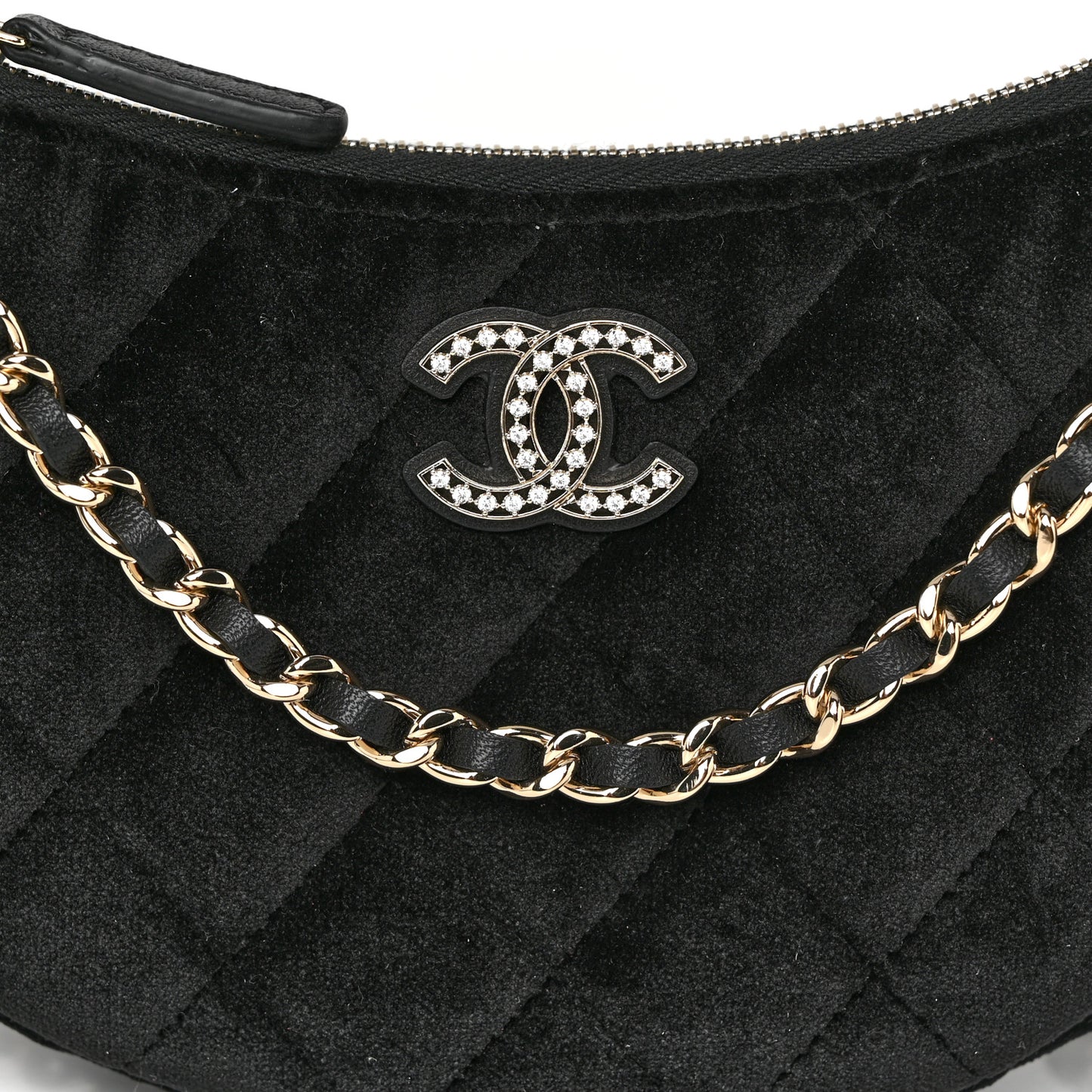 Velvet Crystal Quilted Chain Hobo Black