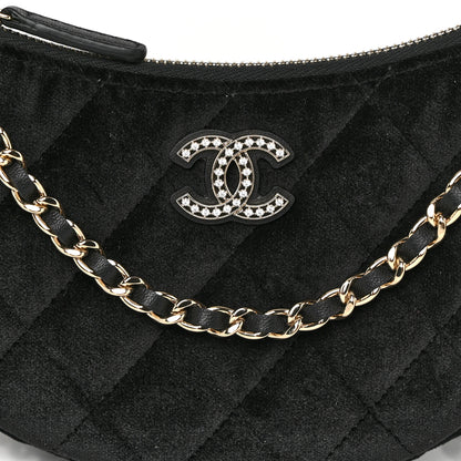 Chanel Velvet Crystal Quilted Chain Hobo Black 9 of 11