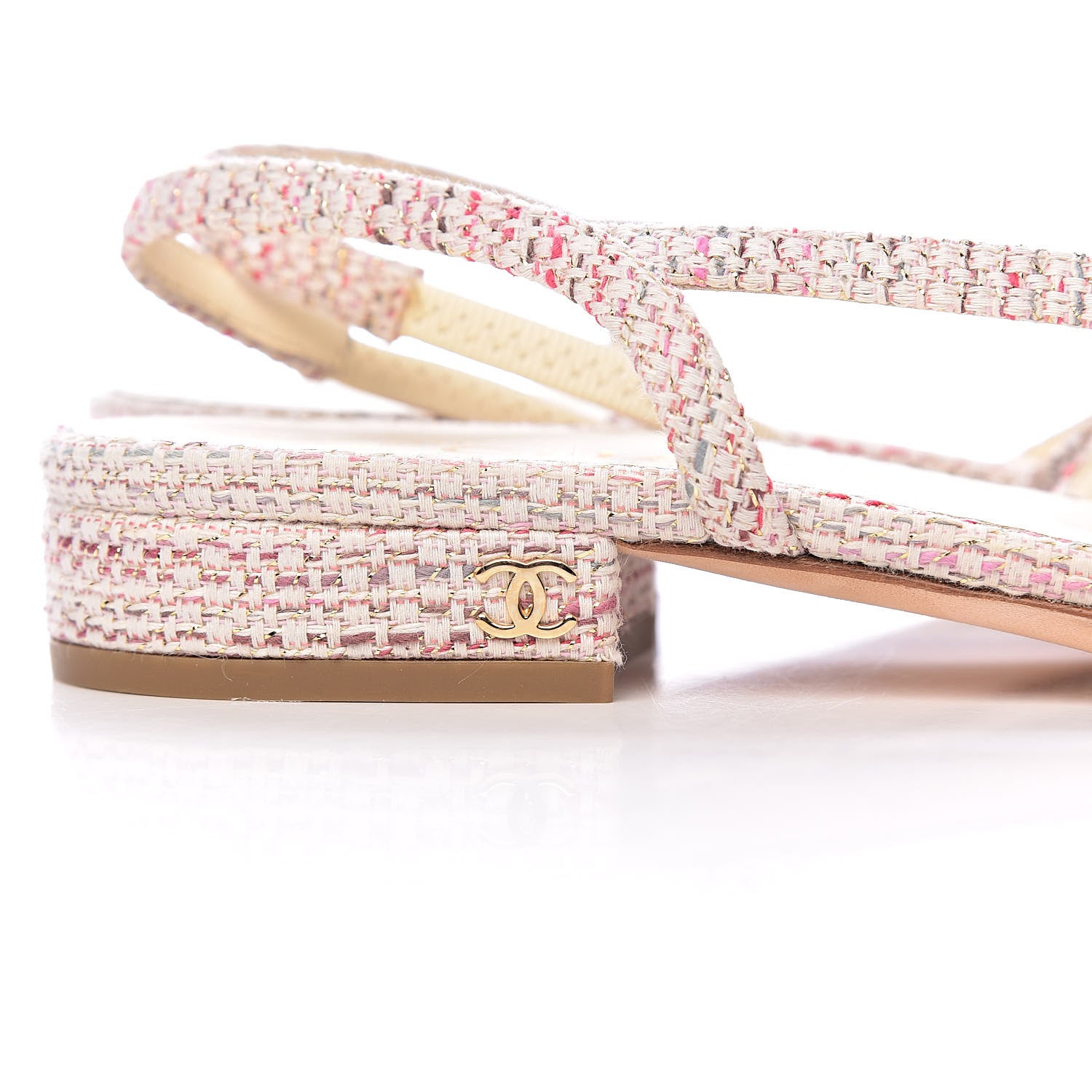 Chanel Tweed Patent Cap Toe CC Slingback Flat 36.5 Pink White 9 of 12
