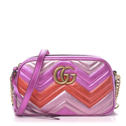 Gucci Laminated Nappa Matelasse Small GG Marmont Chain Shoulder Bag Fuxia Rosso Rosa 1 of 10
