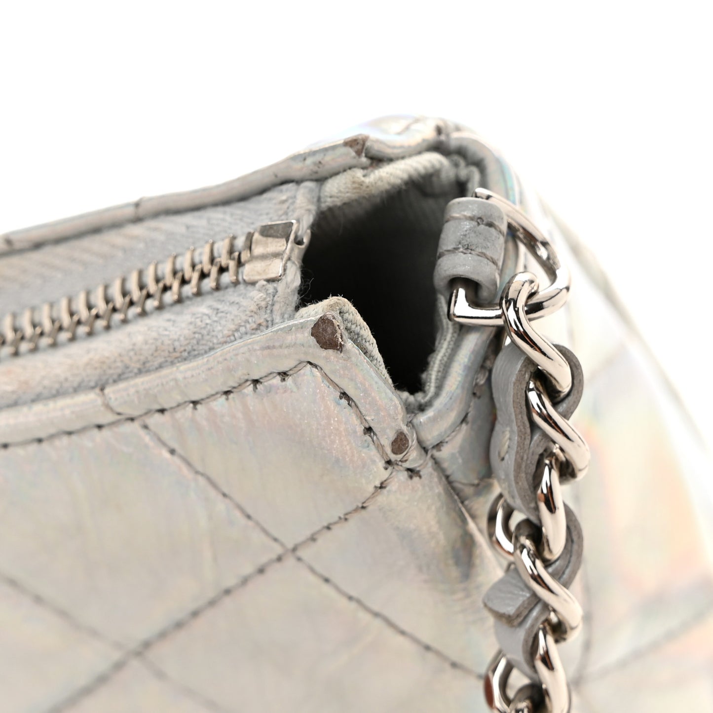 Iridescent Mirror Goatskin Quilted Clutch With Chain Silver
