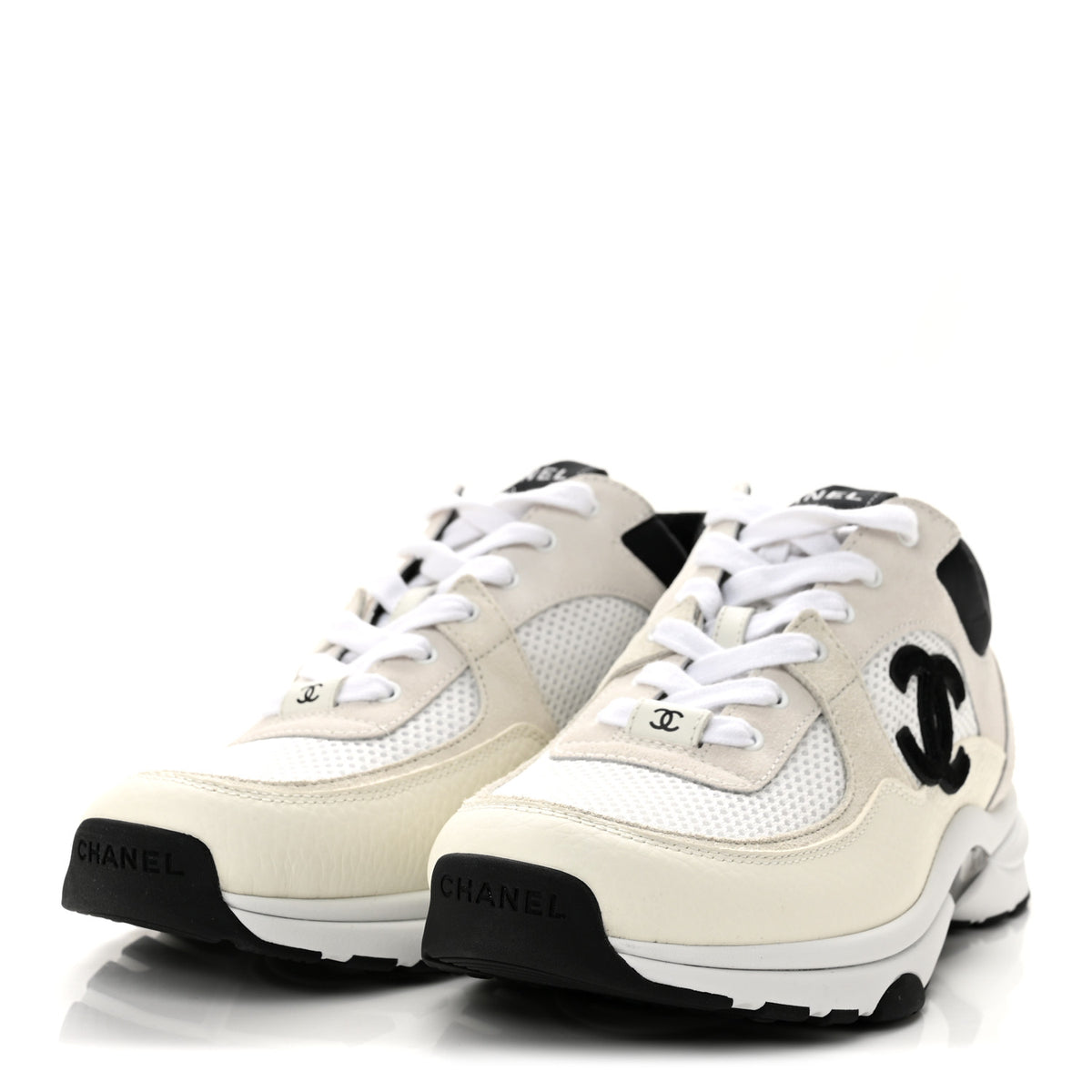 Chanel Mesh Suede Grained Calfskin Womens CC Sneakers 39.5 White Black 4 of 10