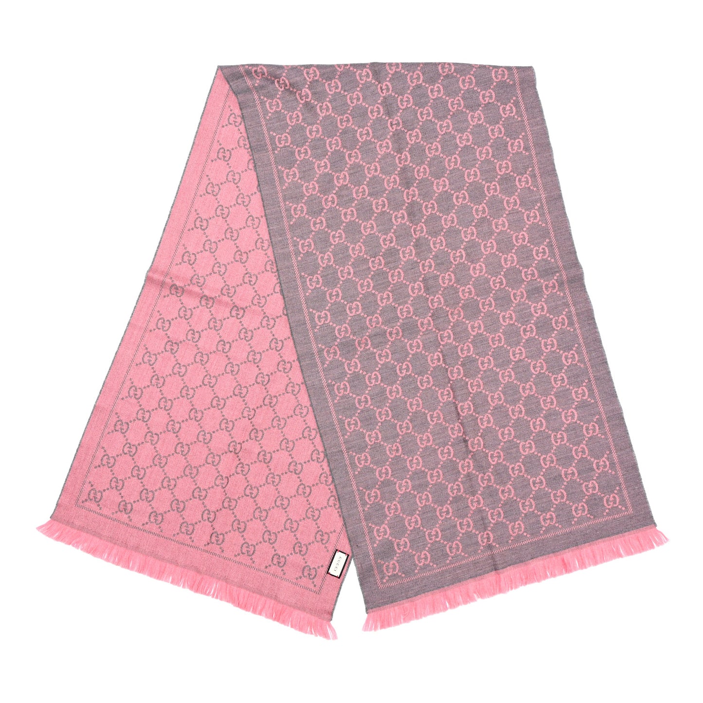 Wool Jacquard GG Monogram Sten Fringe Scarf Graphite Pink