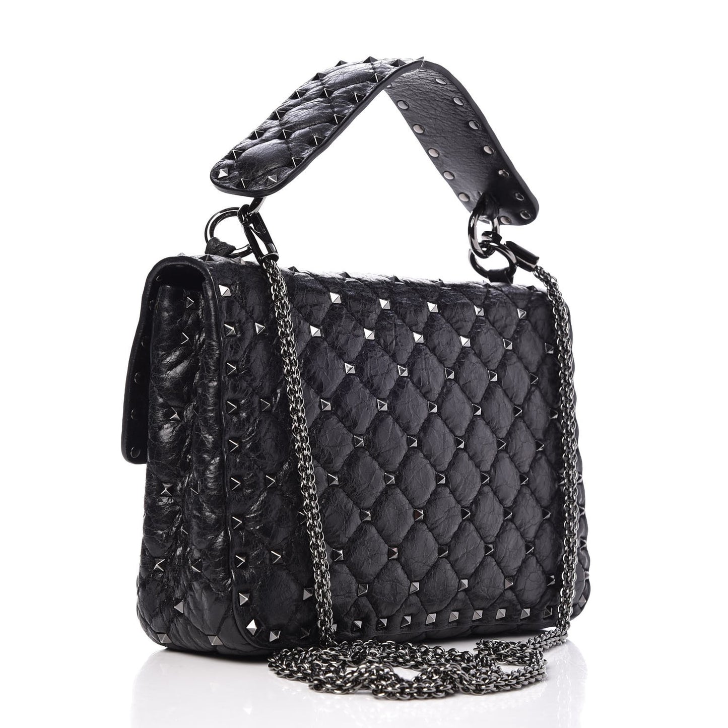 Craquele Nappa Medium Rockstud Spike Shoulder Bag Black