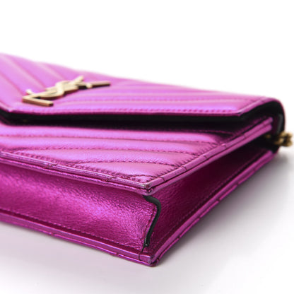Saint Laurent Metallic Calfskin Matelasse Chevron Monogram Envelope Chain Wallet Fuchsia 7 of 9