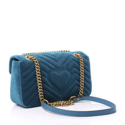 Gucci Velvet Matelasse Small GG Marmont Shoulder Bag Pavone Cyan 2 of 9