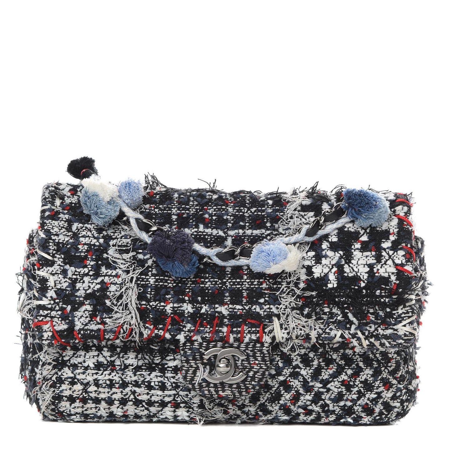 Tweed Pompom Flap Bag Multicolor
