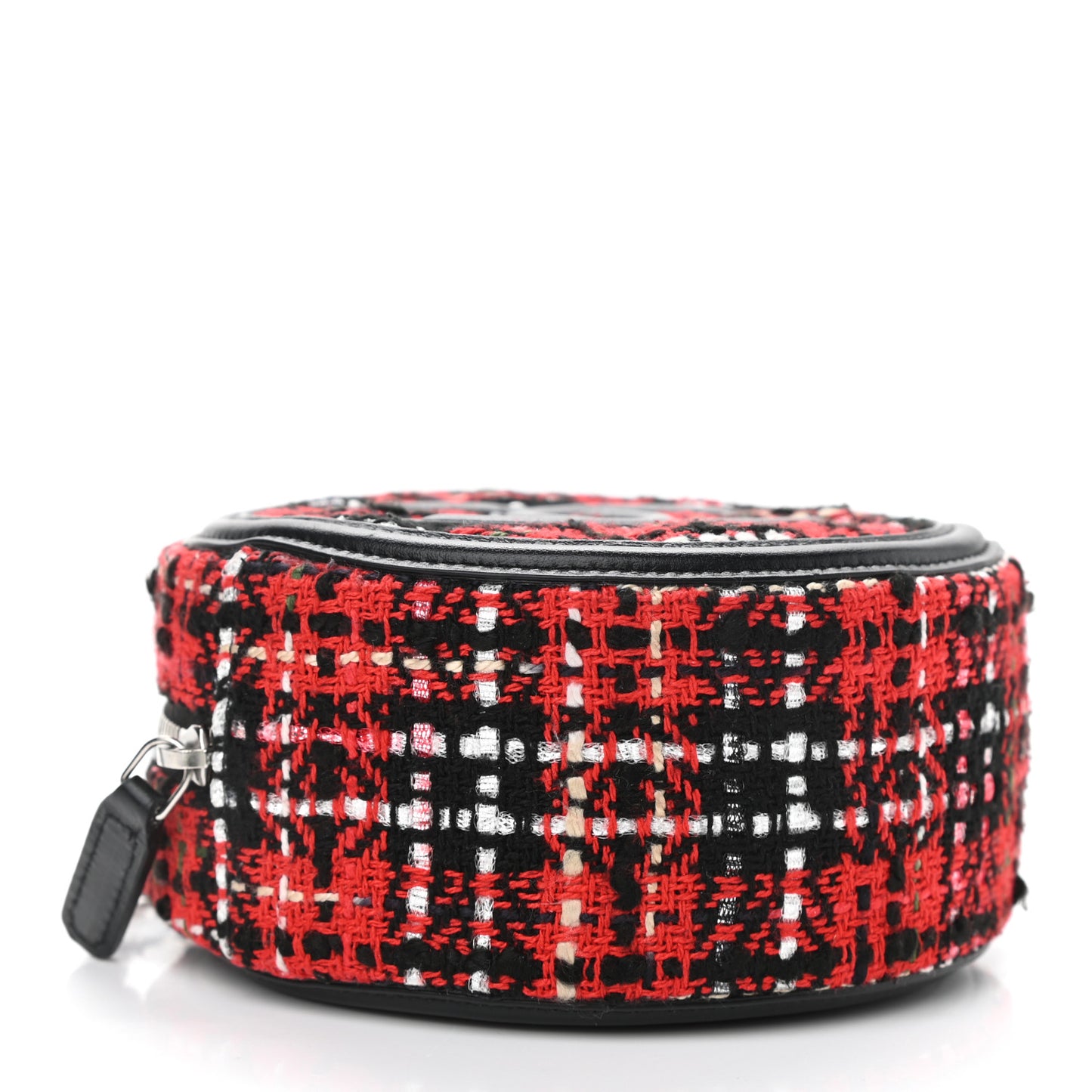 Tweed Quilted Round Filigree Clutch With Chain Red Black
