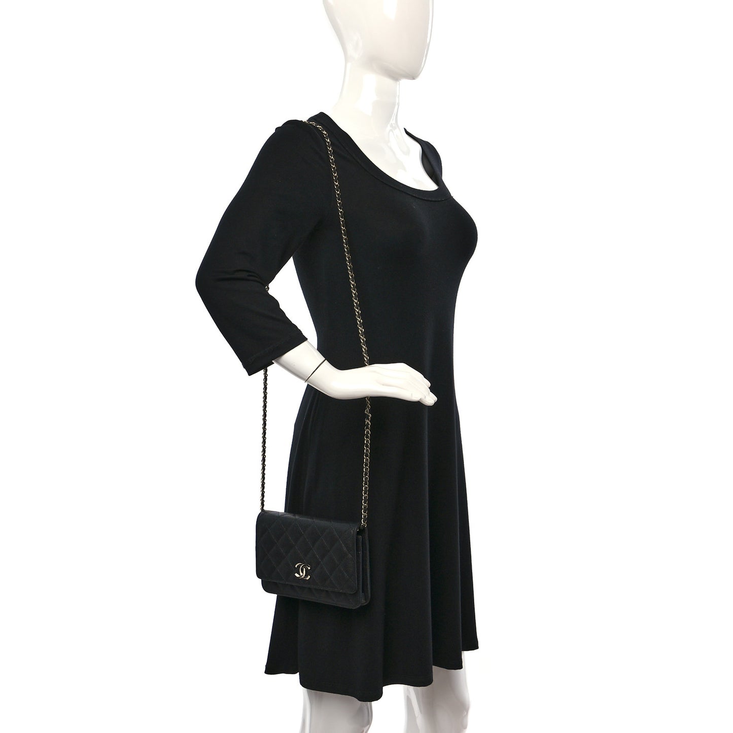 Caviar Quilted Crystal Enamel CC Wallet On Chain WOC Black