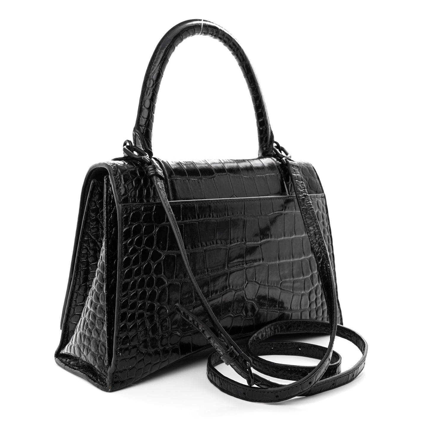 Shiny Calfskin Monochrome Crocodile Embossed Medium Hourglass Top Handle Bag Black