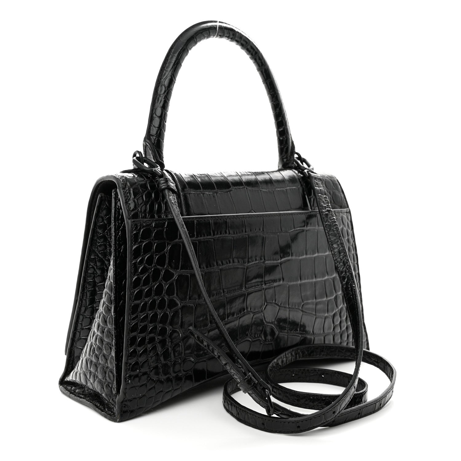 Balenciaga Shiny Calfskin Monochrome Crocodile Embossed Medium Hourglass Top Handle Bag Black 3 of 20