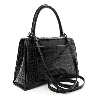 Balenciaga Shiny Calfskin Monochrome Crocodile Embossed Medium Hourglass Top Handle Bag Black 3 of 20