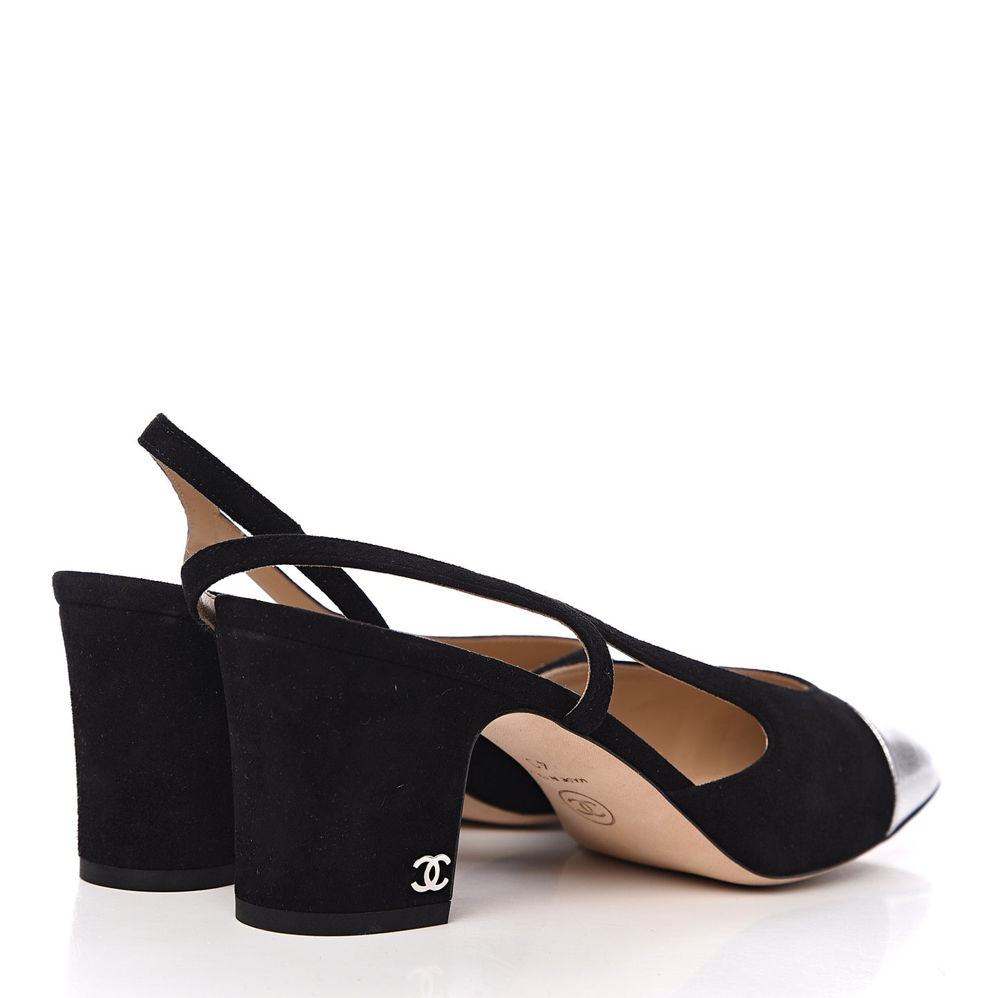 Kid Suede Metallic Lambskin Cap Toe CC Slingback Pumps 40 Black Silver