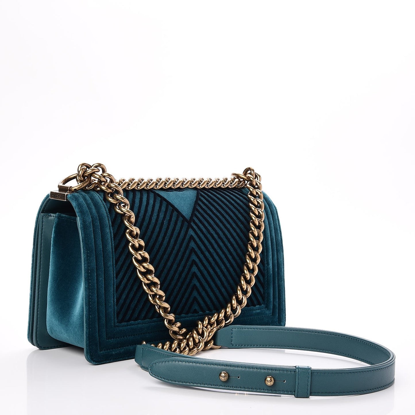 Velvet Chevron Quilted Medium Boy Flap Peacock Blue