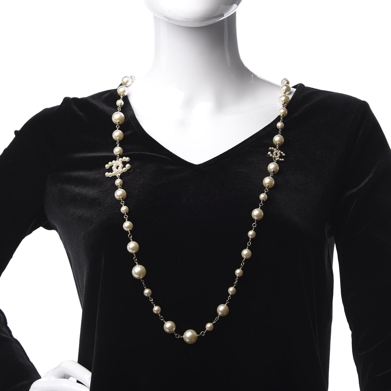 Chanel Graduated Pearl Crystal Twisted CC Long Necklace Gold 2 of 4