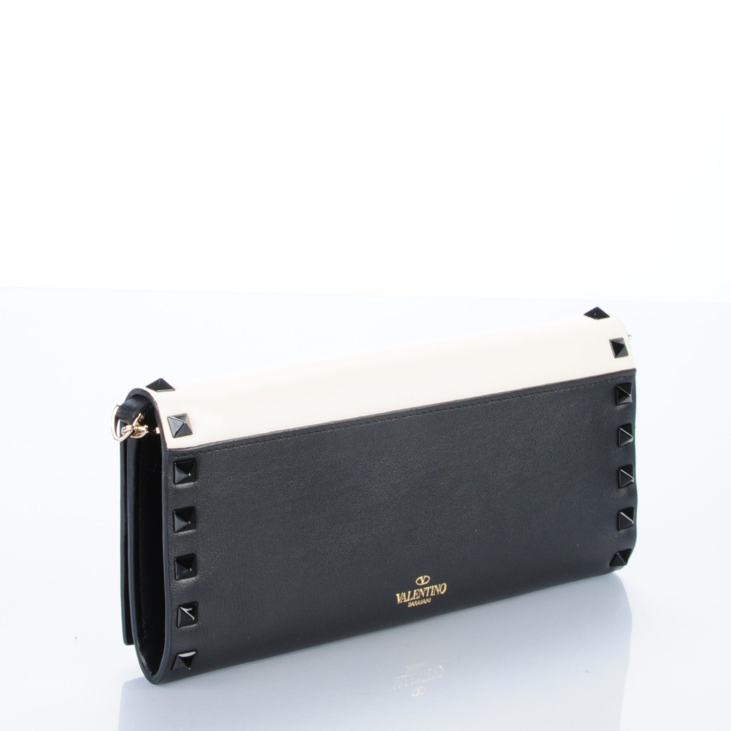 Valentino Garavani Vitello Rockstud Flap Wallet On Chain Ivory Black 3 of 9