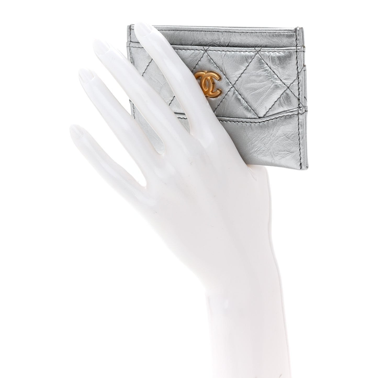 Metallic Aged Calfskin Quilted Gabrielle Card Holder Wallet Silver