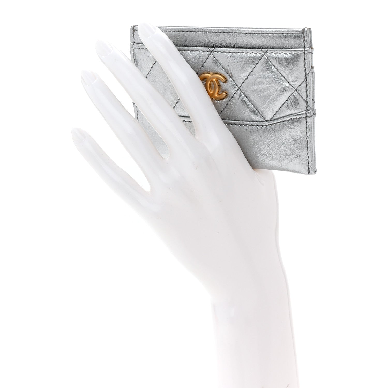 Chanel Metallic Aged Calfskin Quilted Gabrielle Card Holder Wallet Silver 2 of 9