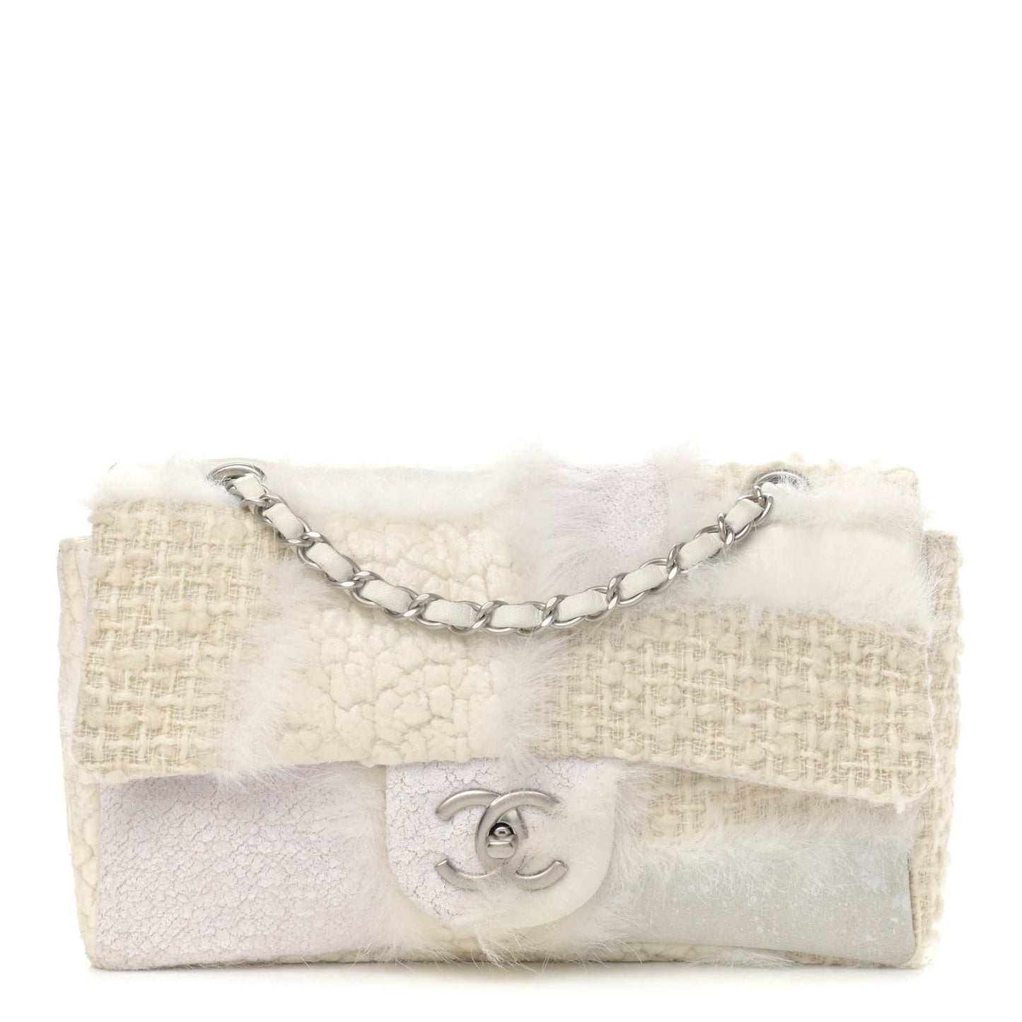 Tweed Faux Fur Patchwork Medium Single Flap White
