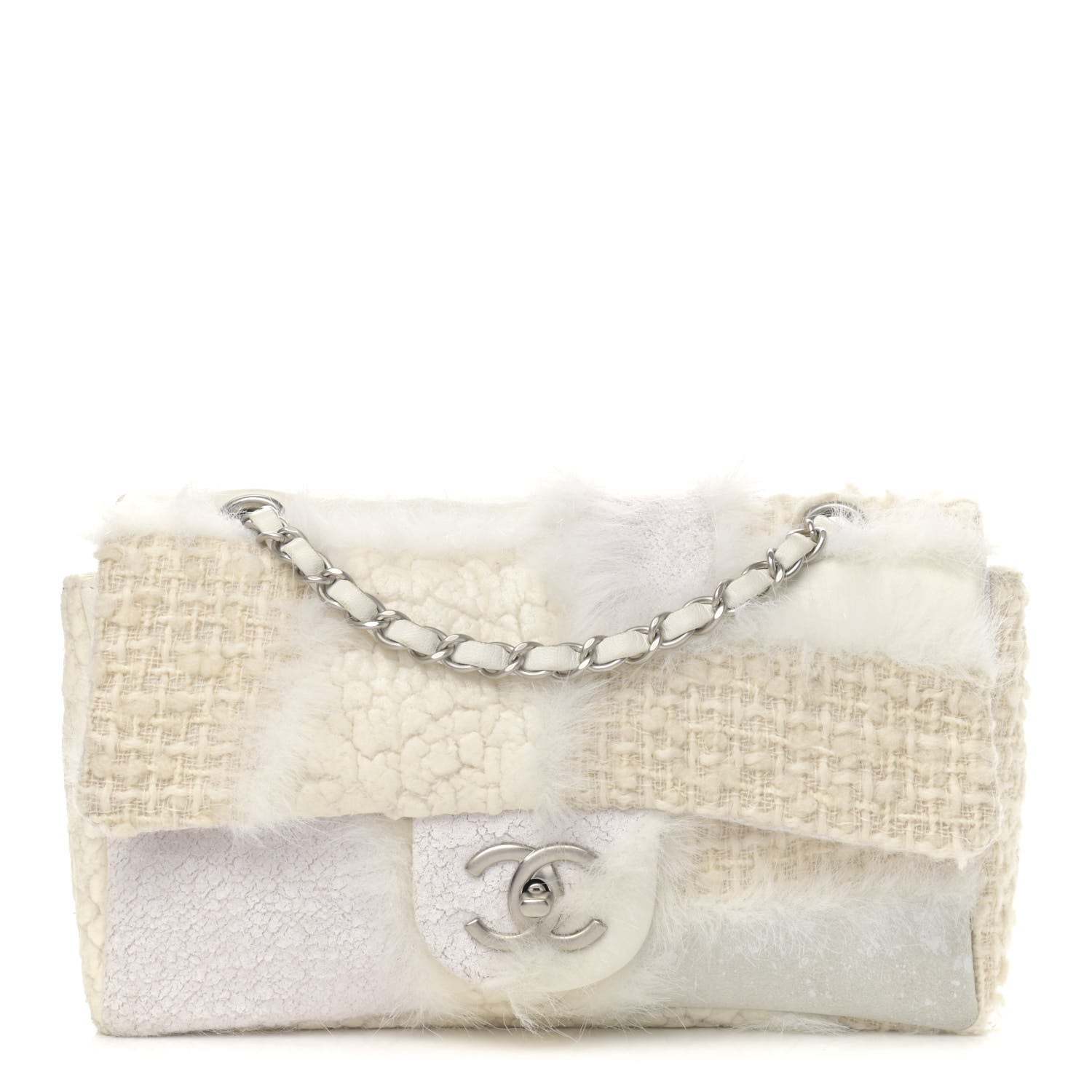 Chanel Tweed Faux Fur Patchwork Medium Single Flap White 1 of 14