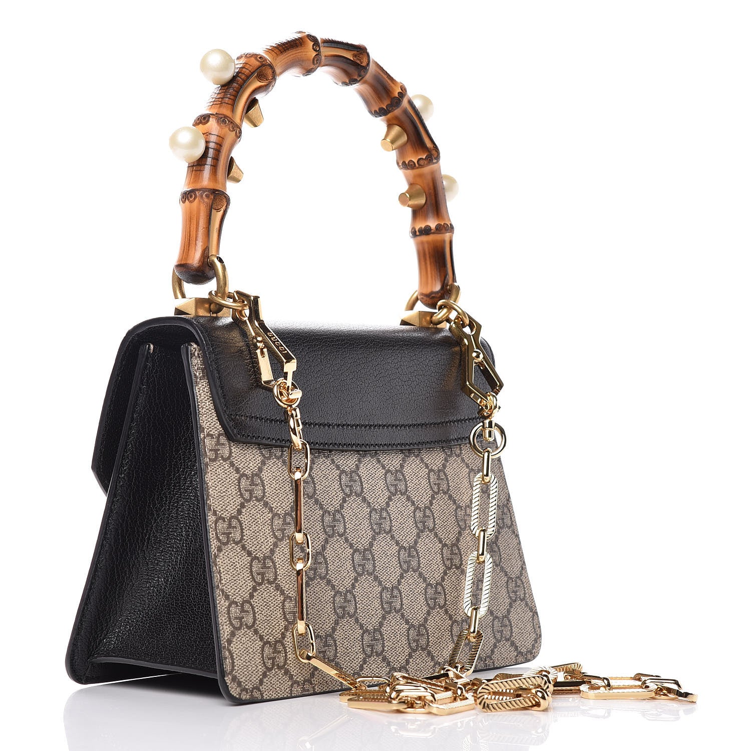 Gucci GG Supreme Monogram Goatskin Pearl Mini Fox Broche Bamboo Top Handle Bag Beige Ebony Black Hibiscus Red Mystic White 3 of 9