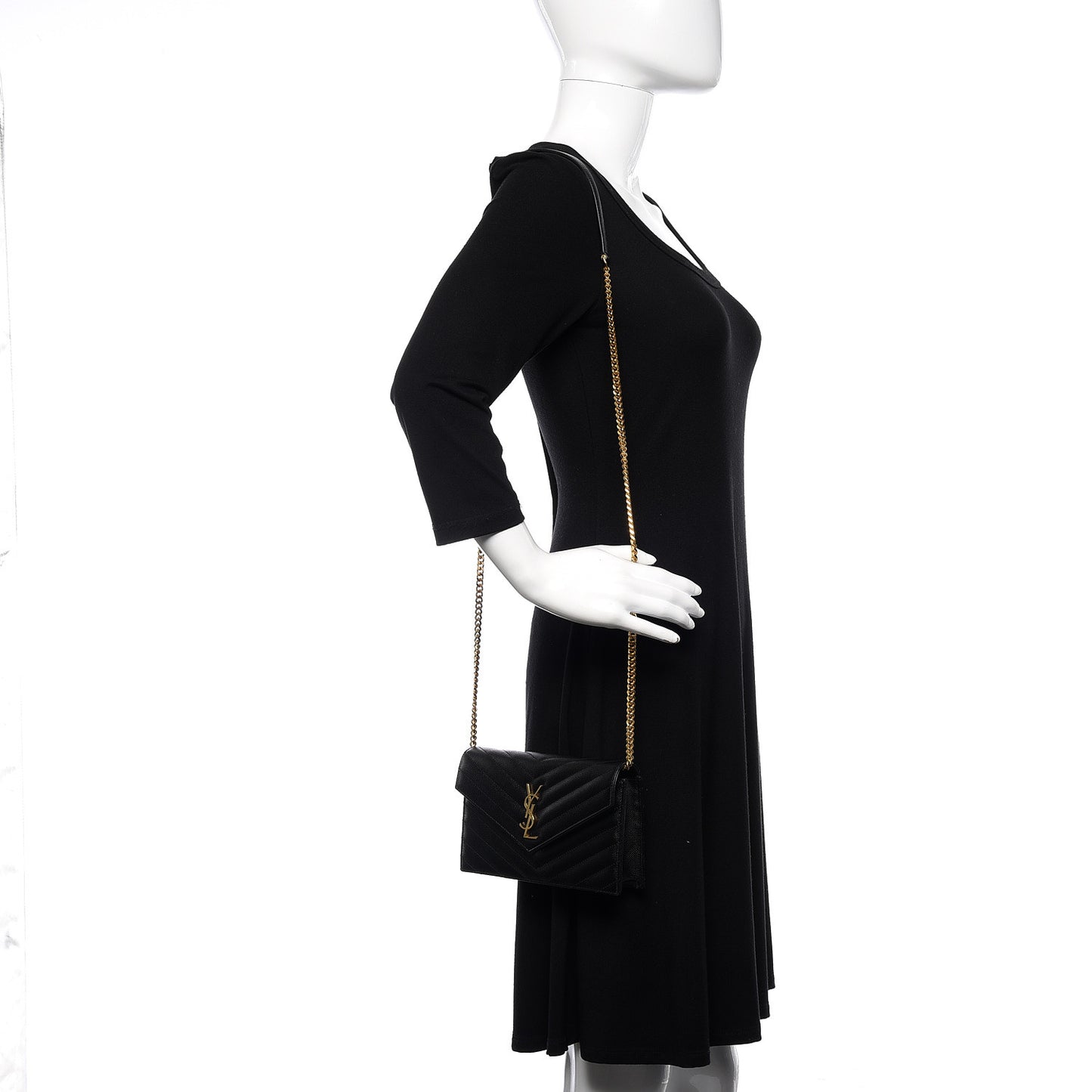 Grain De Poudre Matelasse Chevron Monogram Envelope Chain Wallet Black