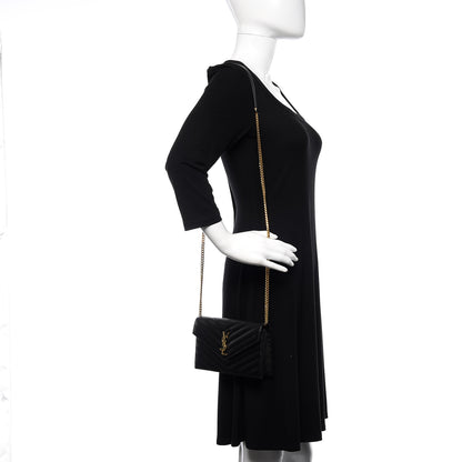 Saint Laurent Grain De Poudre Matelasse Chevron Monogram Envelope Chain Wallet Black 2 of 11