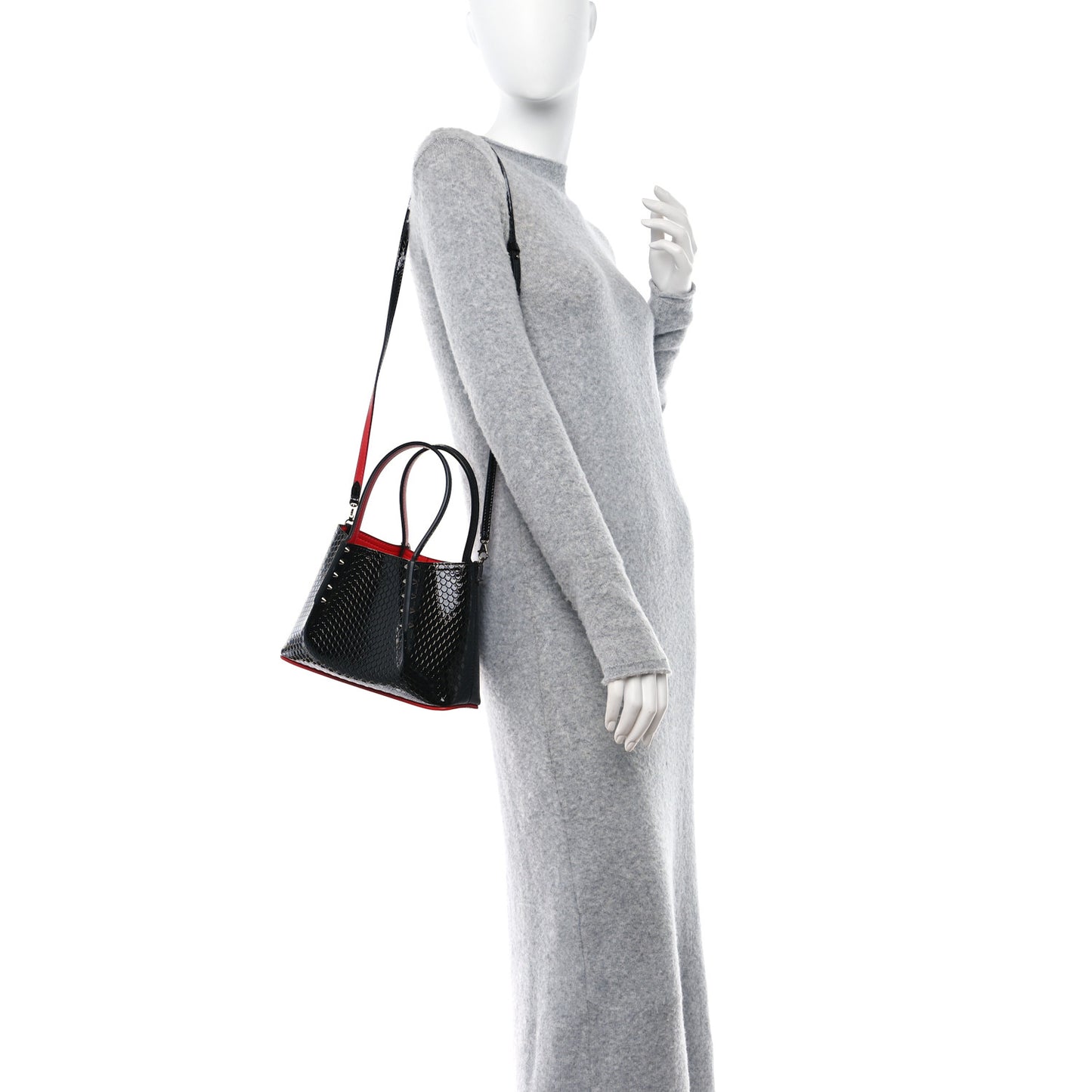 Patent Snakeskin Embossed Spiked Mini Cabarock Shopper Tote Black