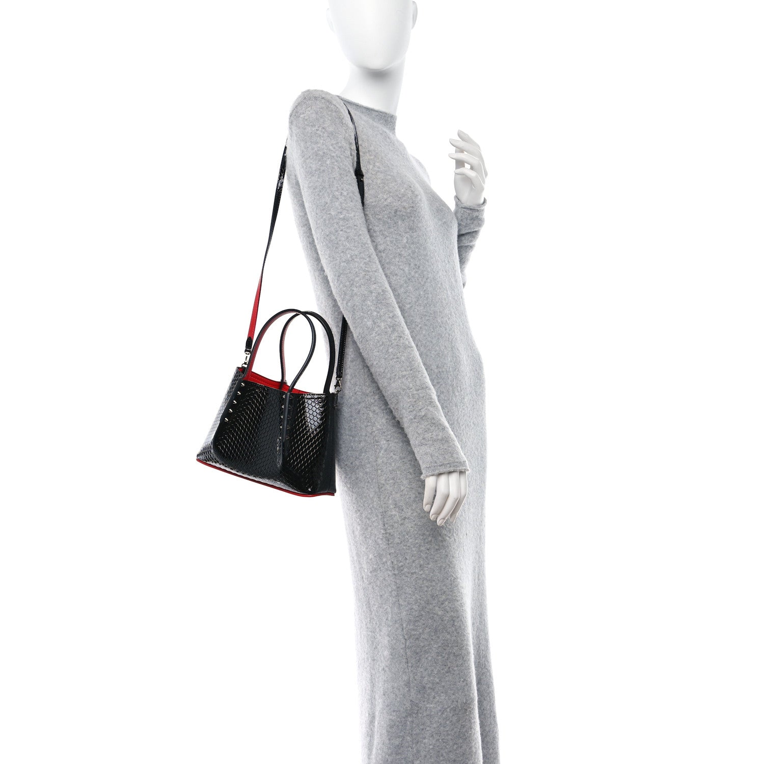 Christian Louboutin Patent Snakeskin Embossed Spiked Mini Cabarock Shopper Tote Black 2 of 12