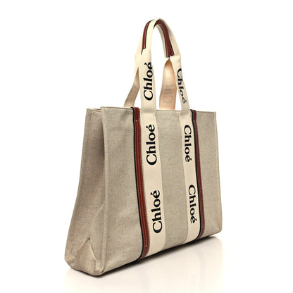 Chloe Cotton Calfskin Large Woody Ribbon Tote White Brown 3 of 10