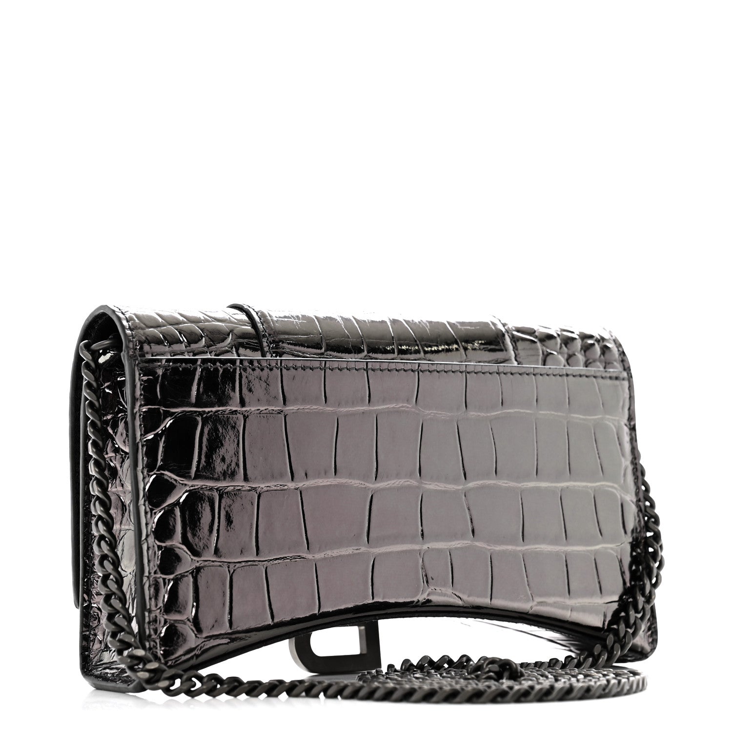 Balenciaga Shiny Metallic Calfskin Crocodile Embossed Hourglass Chain Bag Gunmetal 3 of 12