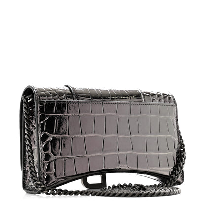Balenciaga Shiny Metallic Calfskin Crocodile Embossed Hourglass Chain Bag Gunmetal 3 of 12