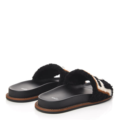 Fendi Shearling Logo Slide Sandals 39 Black Latte Brownie 4 of 11
